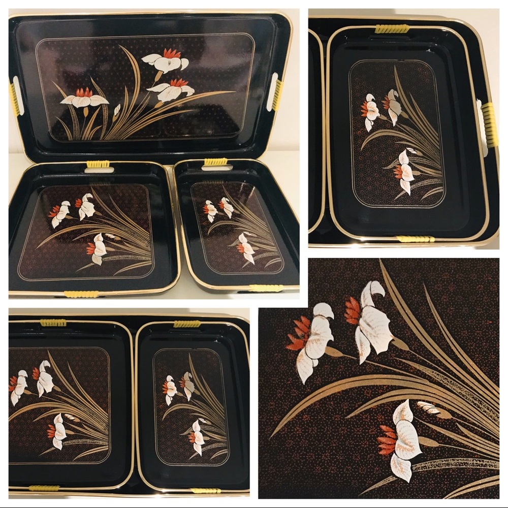 Vintage, 3 pc Japanese Black Nesting Lacquerware